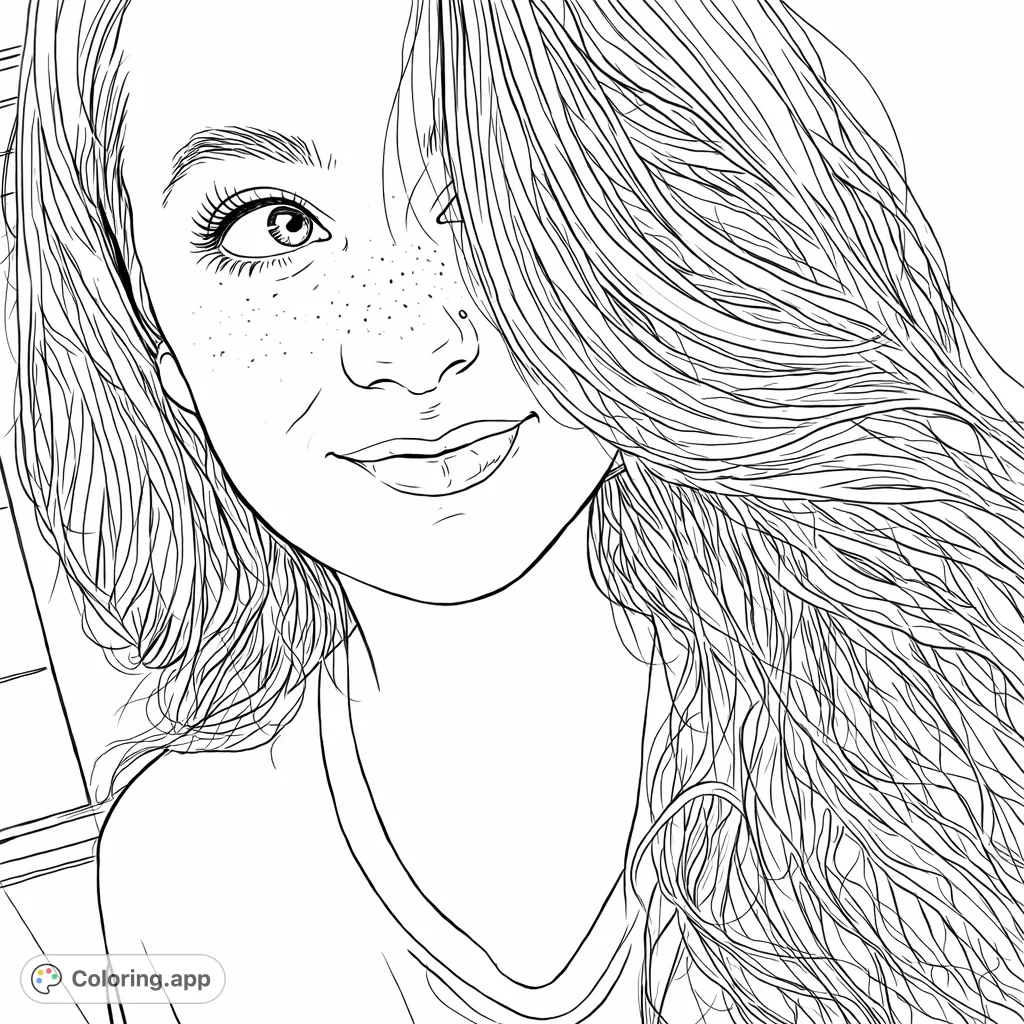 A captivating portrait of a woman with long hair and a thoughtful, upward gaze, featuring delicate facial details and flowing locks.