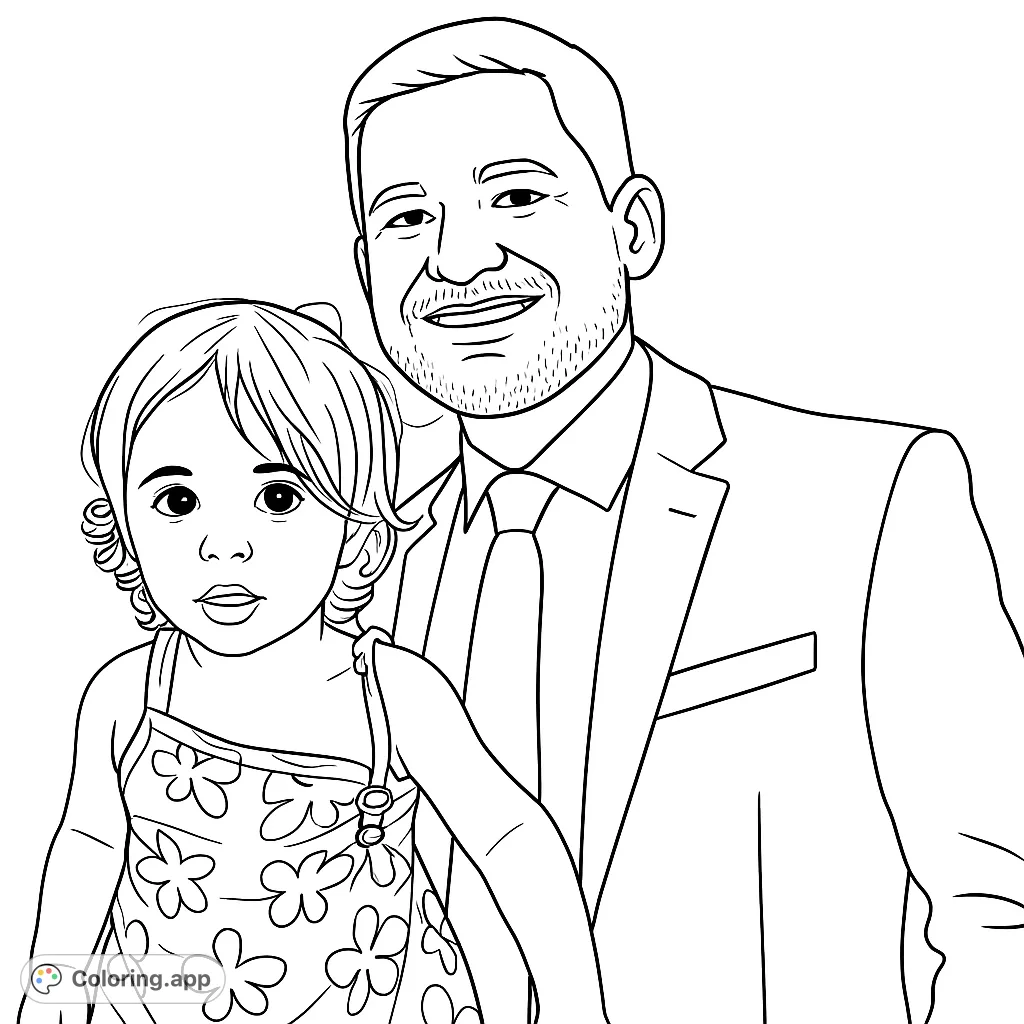 A heartwarming coloring page featuring a smiling father and his adorable toddler, perfect for celebrating family bonds and special moments.