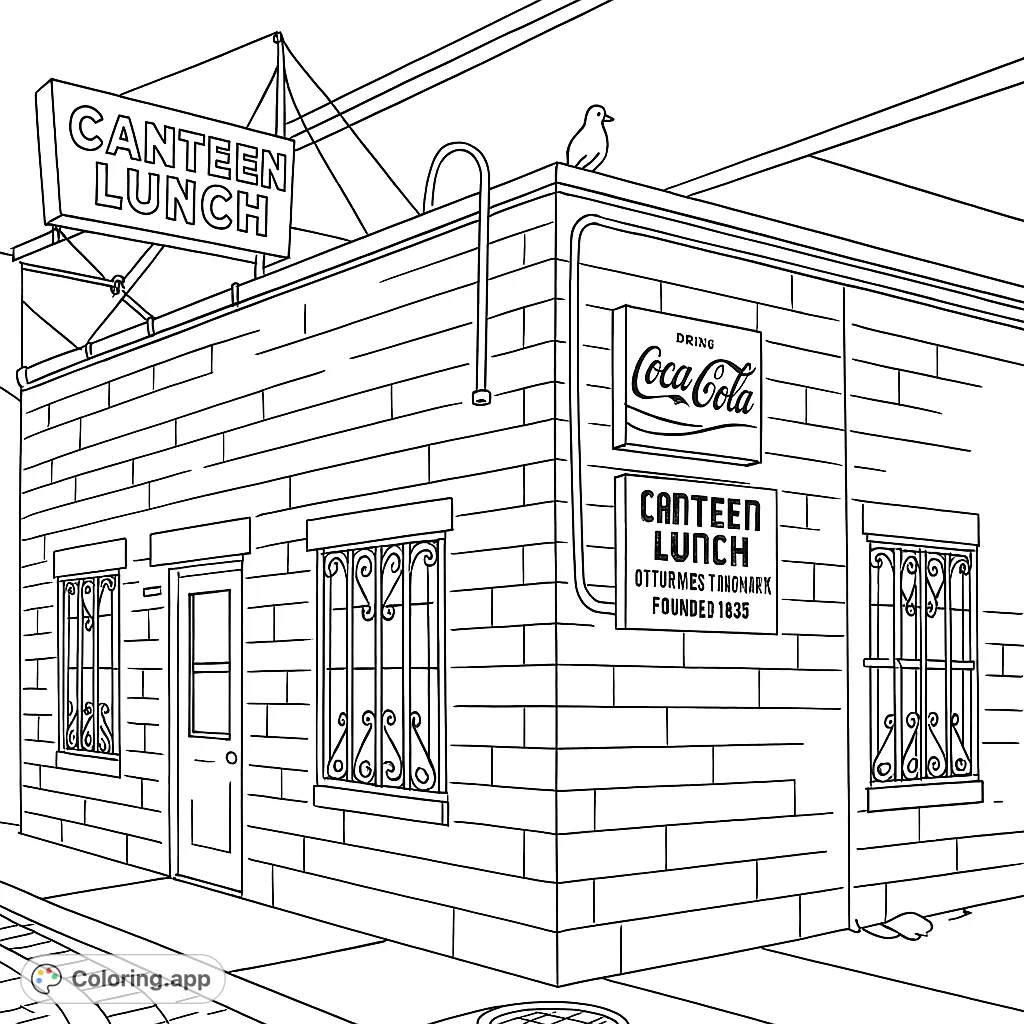 Color a charming historic Canteen Lunch building, featuring unique signs, intricate window bars, and a whimsical owl on the roof. A delightful urban scene.