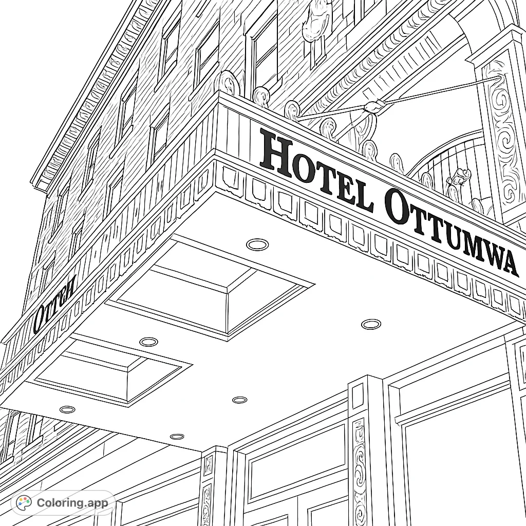 Color a grand historic hotel entrance with intricate architectural details, a prominent sign, and classic brickwork. A detailed architectural coloring page.