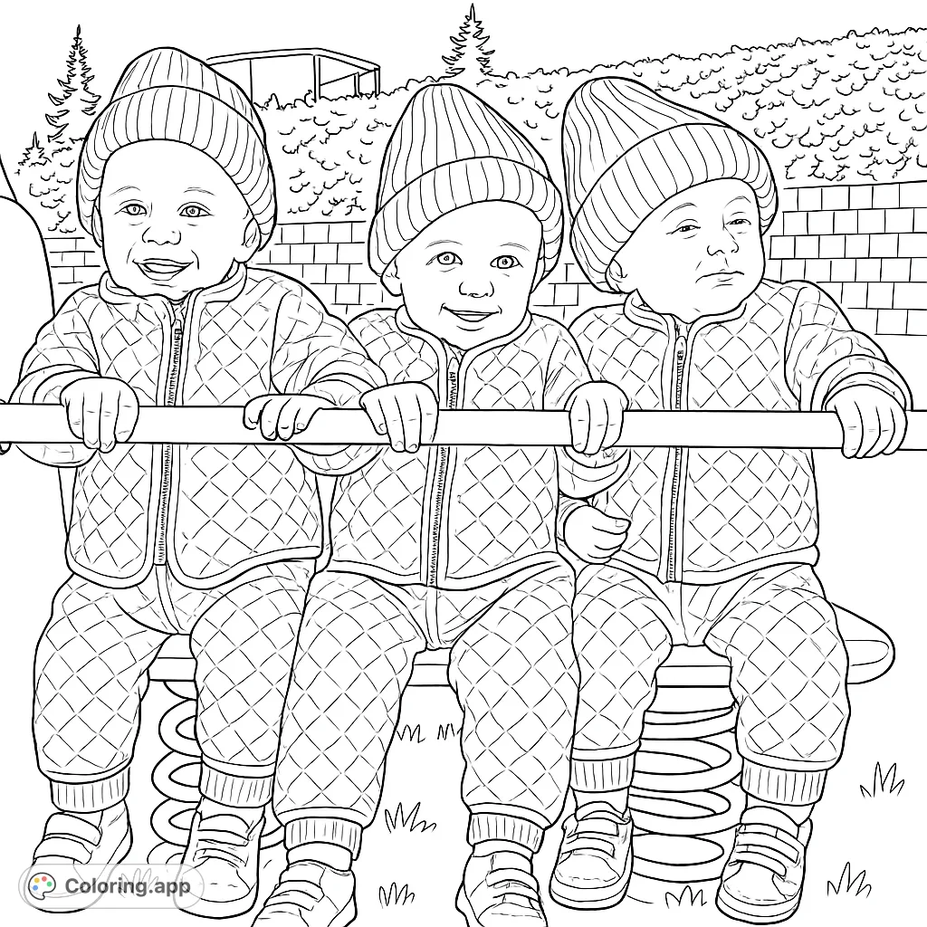 Adorable triplets in matching outfits enjoy a playground adventure. A heartwarming scene perfect for a fun coloring experience.