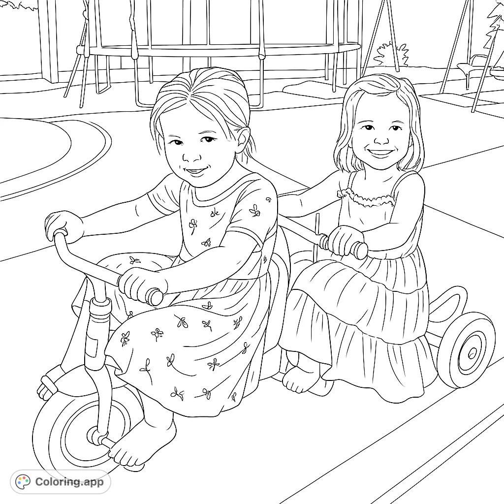 Two joyful children ride a tandem tricycle, sharing smiles and a playful moment. A delightful scene for young colorists to bring to life.