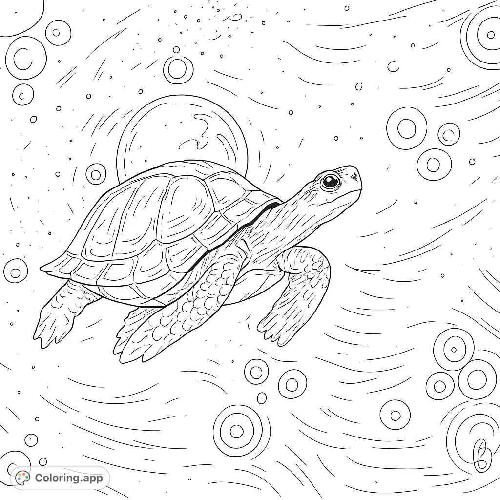 Dive into a celestial adventure with this cosmic turtle coloring page. Explore intricate shell patterns and a starry background with glowing orbs.