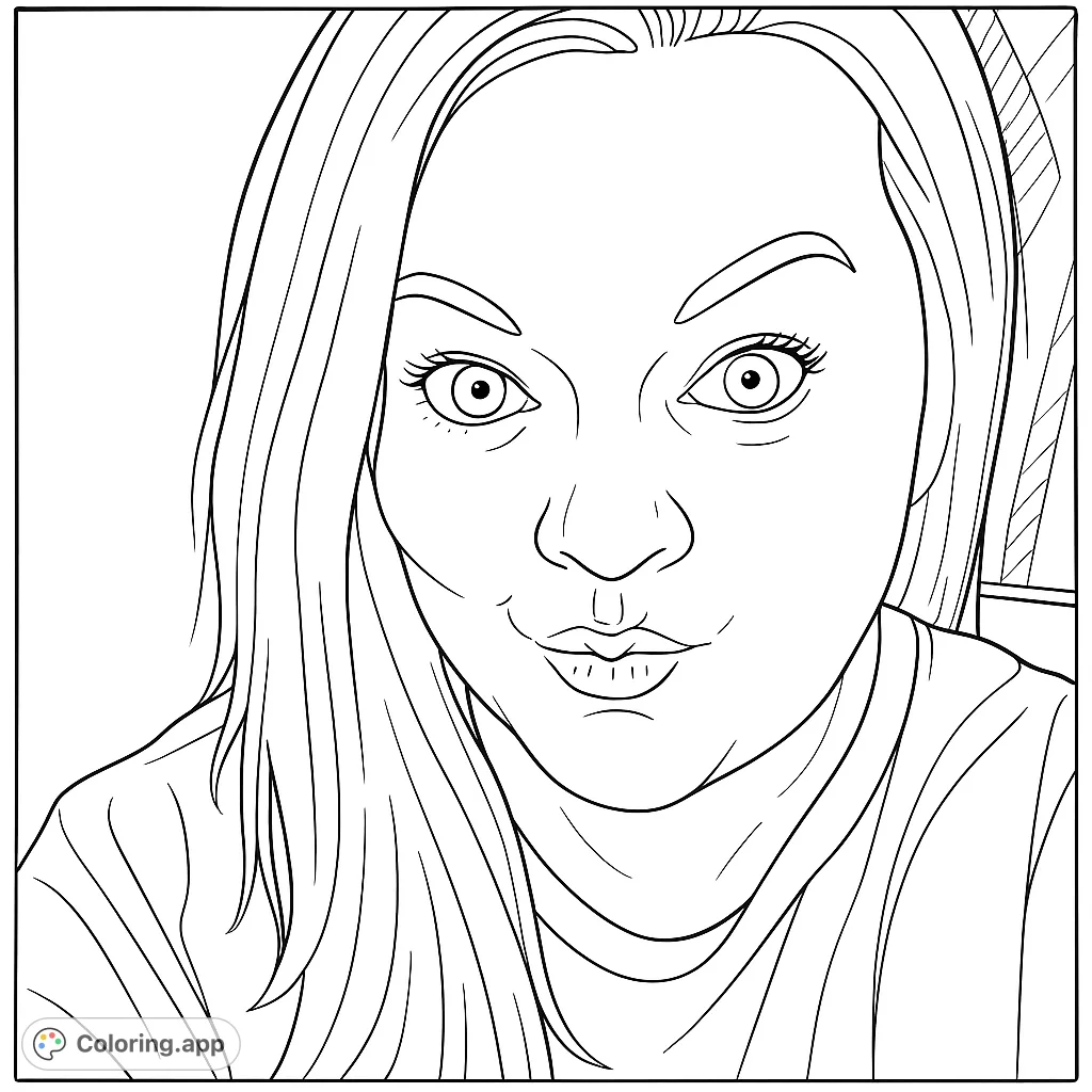 A captivating portrait of a woman with a playful expression, wide eyes, and flowing hair, perfect for a personalized coloring experience.