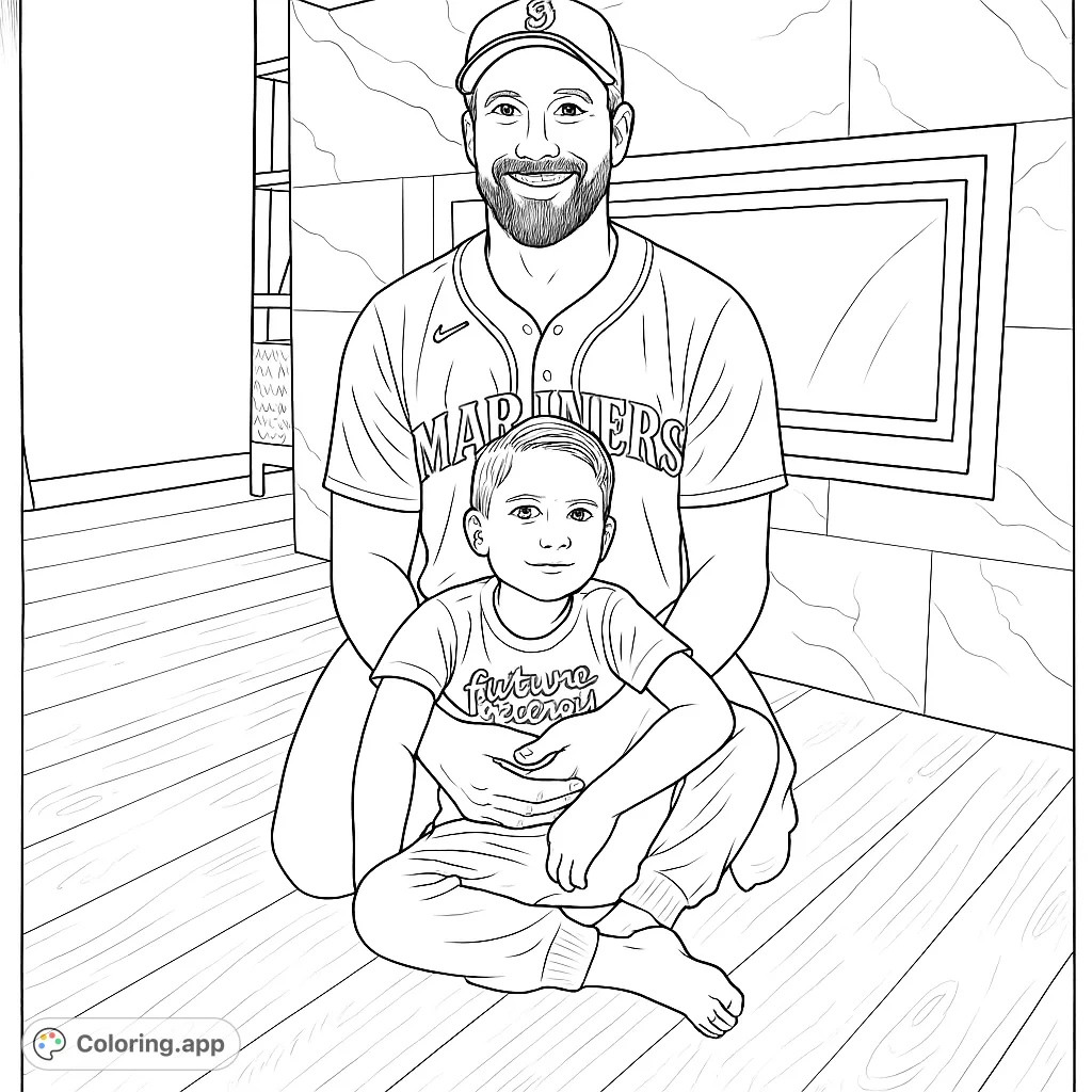 Capture a heartwarming moment with this father and son baseball fans coloring page. Features a man in a jersey and a boy in his lap, set against a modern fireplace.
