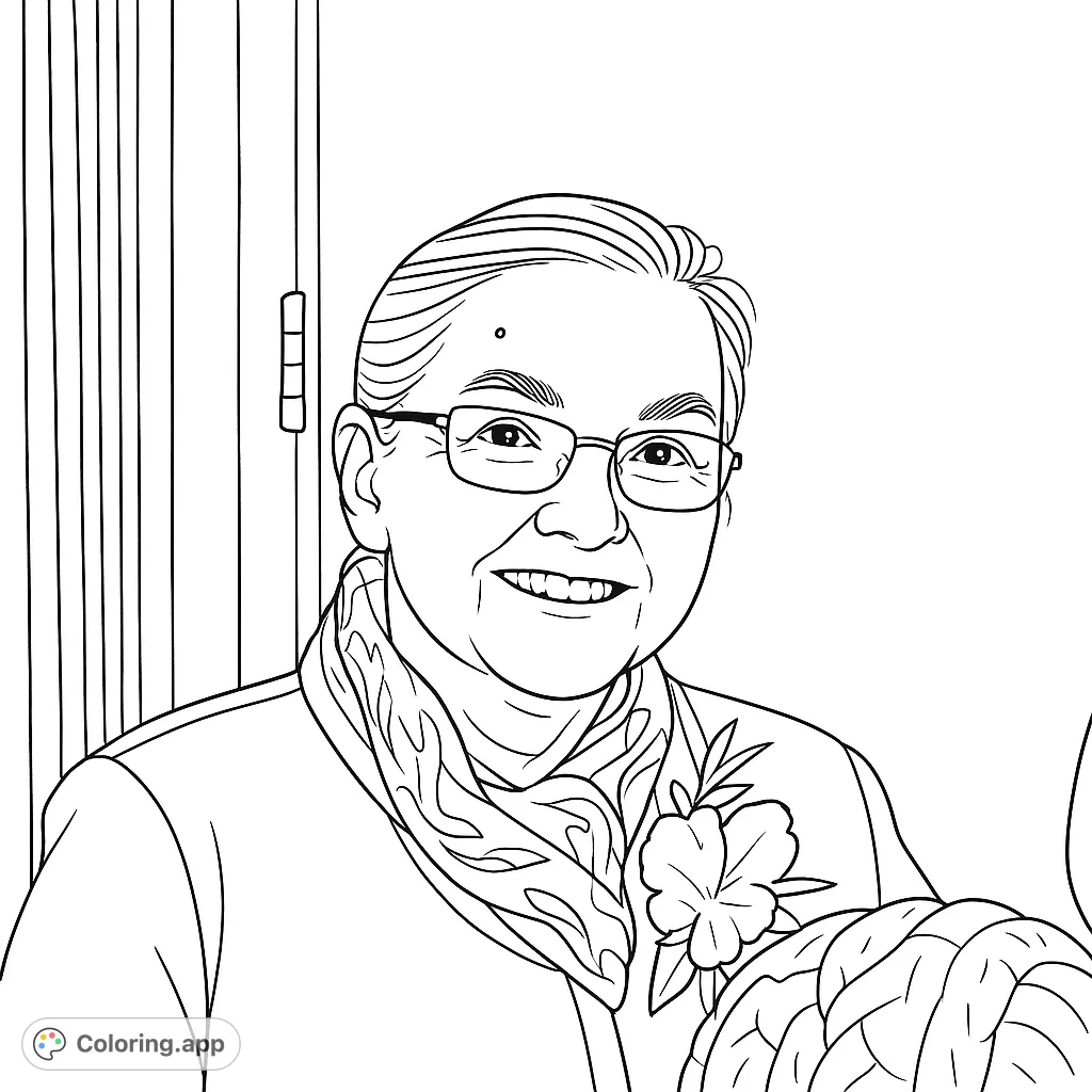 Capture the warmth of a smiling woman wearing glasses, a patterned scarf, and a delicate floral boutonnière. A heartwarming portrait ready for your creative touch.