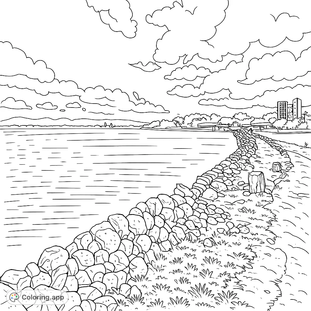 Explore a serene coastal landscape featuring a winding stone path, expansive water, distant mountains, and a subtle cityscape under a cloud-filled sky.