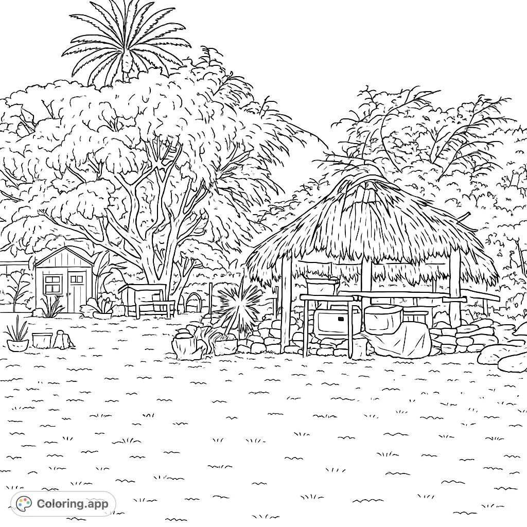 Explore a charming rustic scene featuring a thatched hut, a grand tree, and lush foliage. A perfect tropical garden coloring page for relaxation and detail.
