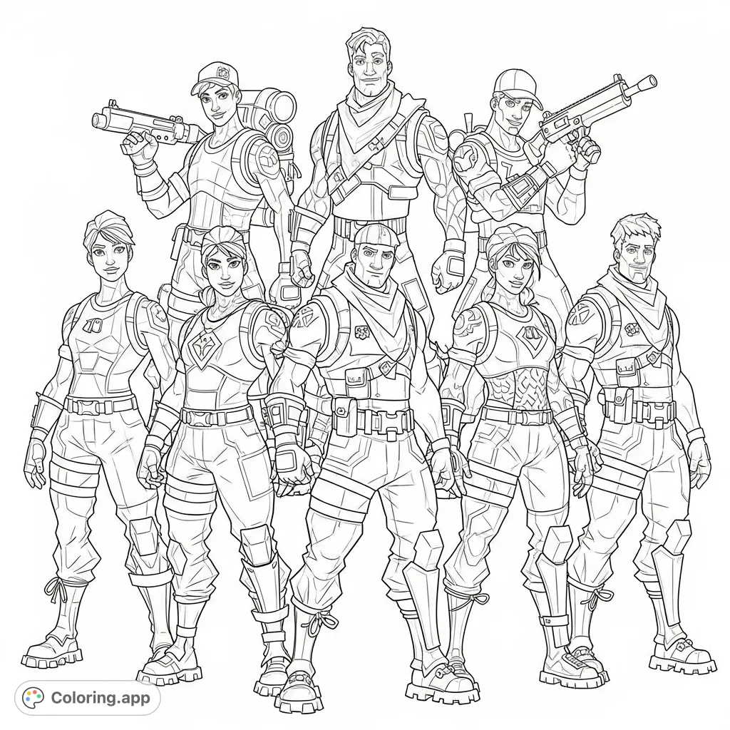 Dive into action with iconic Fortnite characters! This free printable coloring page features popular heroes in dynamic poses, ready for your creative touch.