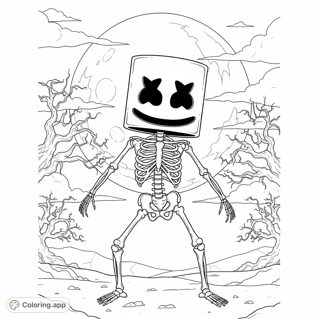 A spooky Fortnite Marshmello skeleton stands under a full moon, surrounded by gnarled trees. This free printable coloring page is perfect for fans of gaming and Halloween.