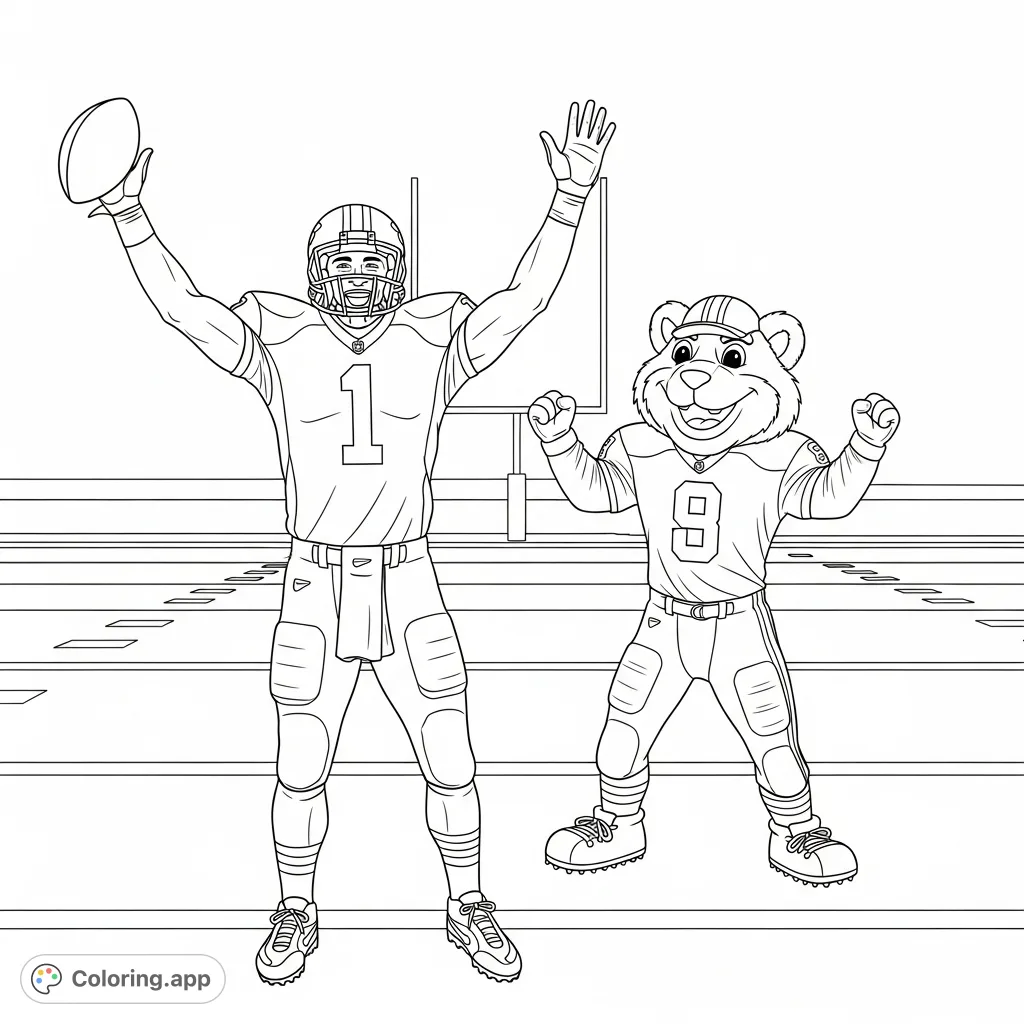 A dynamic Tim Tebow touchdown celebration on the field with a cheerful mascot. Perfect for sports fans and aspiring athletes.