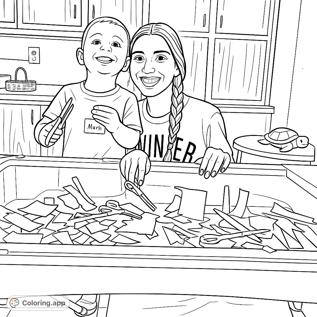 A joyful crafting coloring page featuring a boy and woman cutting paper shapes in a sensory table, perfect for creative expression and fine motor skills.