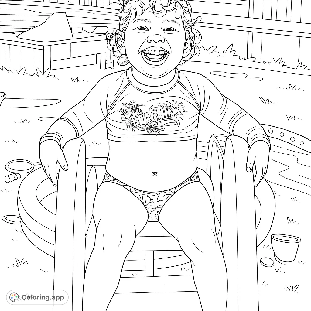 A joyful child with a wide smile, sitting on a small slide amidst backyard pool fun. Perfect for a sunny day coloring adventure.