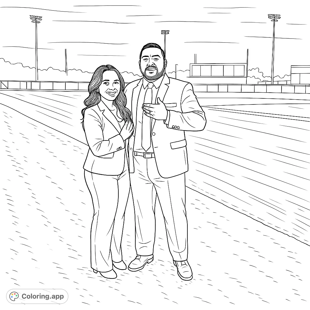 Capture a joyful moment with a couple at a sports field. This coloring page features two smiling figures against a backdrop of a vast grassy expanse.