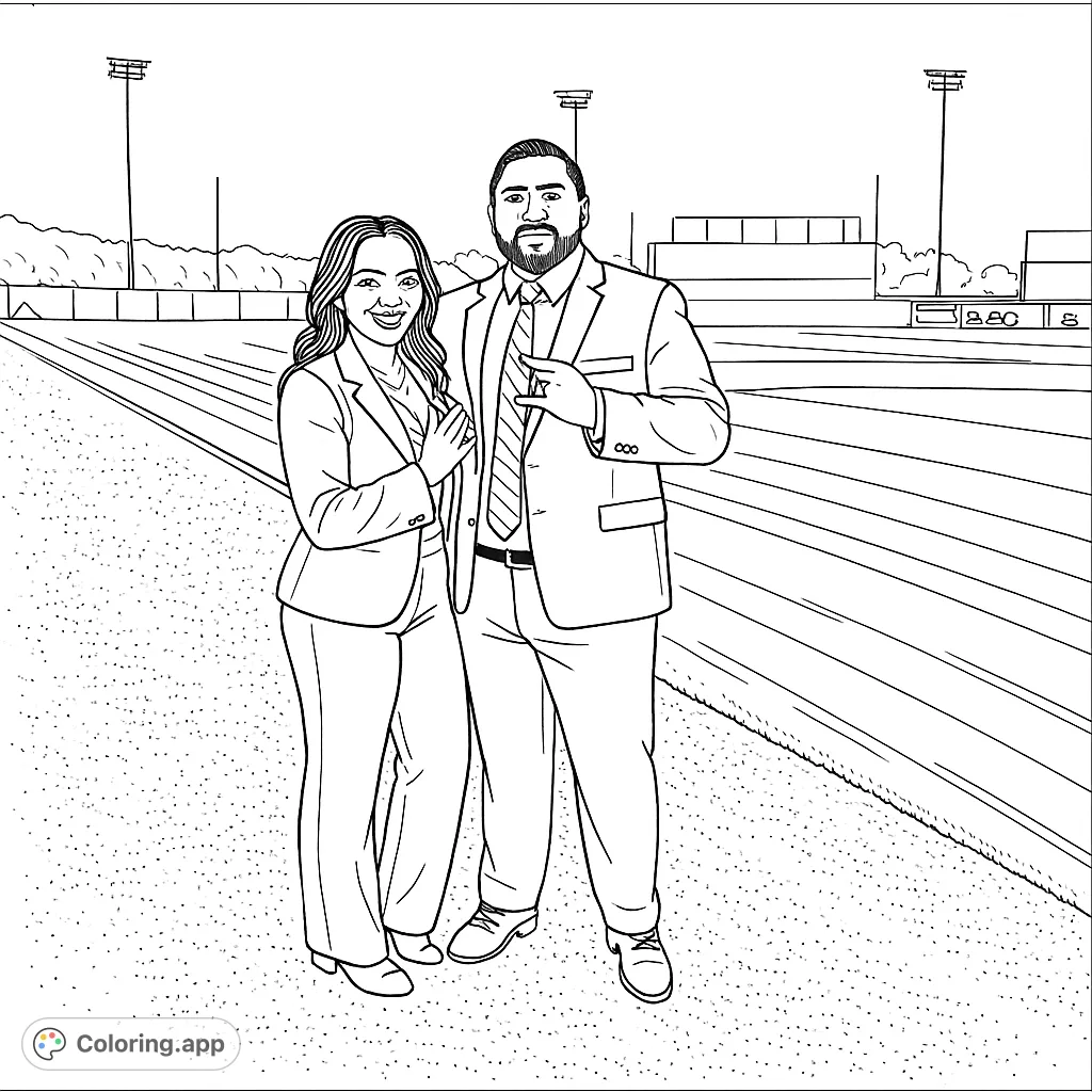 Capture a stylish couple at a baseball stadium. This elegant scene offers a unique coloring experience, blending formal attire with a classic sports backdrop.