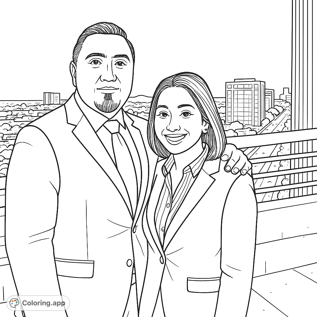 Color a professional man and woman on a city rooftop, overlooking a vibrant urban landscape. Perfect for adults seeking a sophisticated coloring challenge.