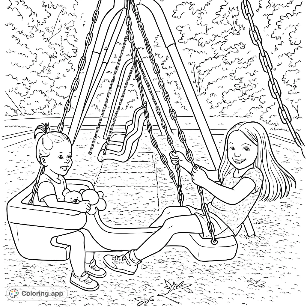 Capture the joy of childhood with two smiling girls on a playground swing set. A delightful scene for kids to color and imagine outdoor adventures.