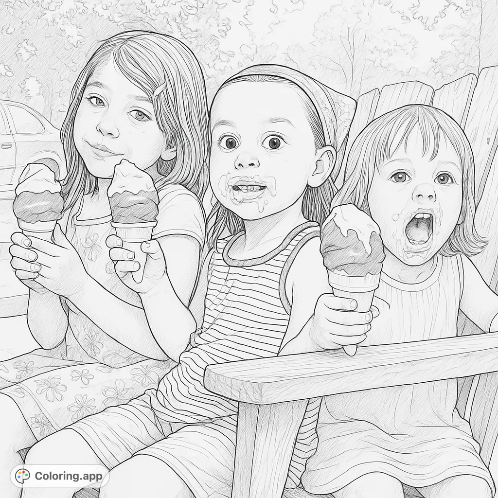 Three joyful girls enjoying messy ice cream cones, capturing a sweet moment of summer fun. A delightful scene for all ages to color.