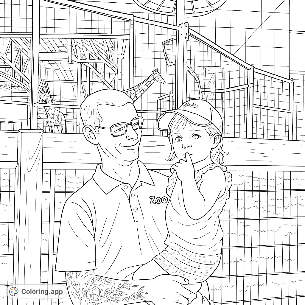 A heartwarming zoo family adventure coloring page featuring a man holding a child, with a tall animal in the background. Perfect for all ages!
