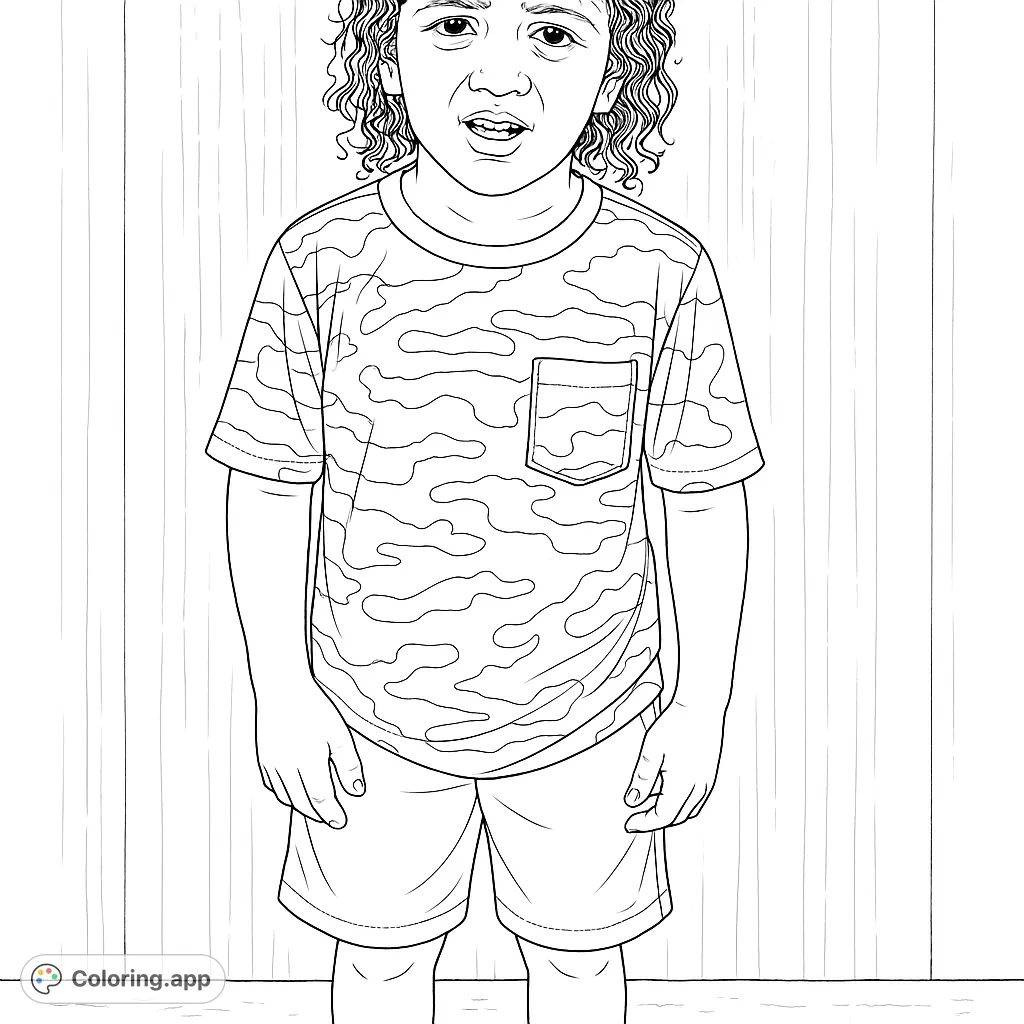 A charming coloring page featuring a young boy with curly hair in a patterned t-shirt and shorts, perfect for creative expression.