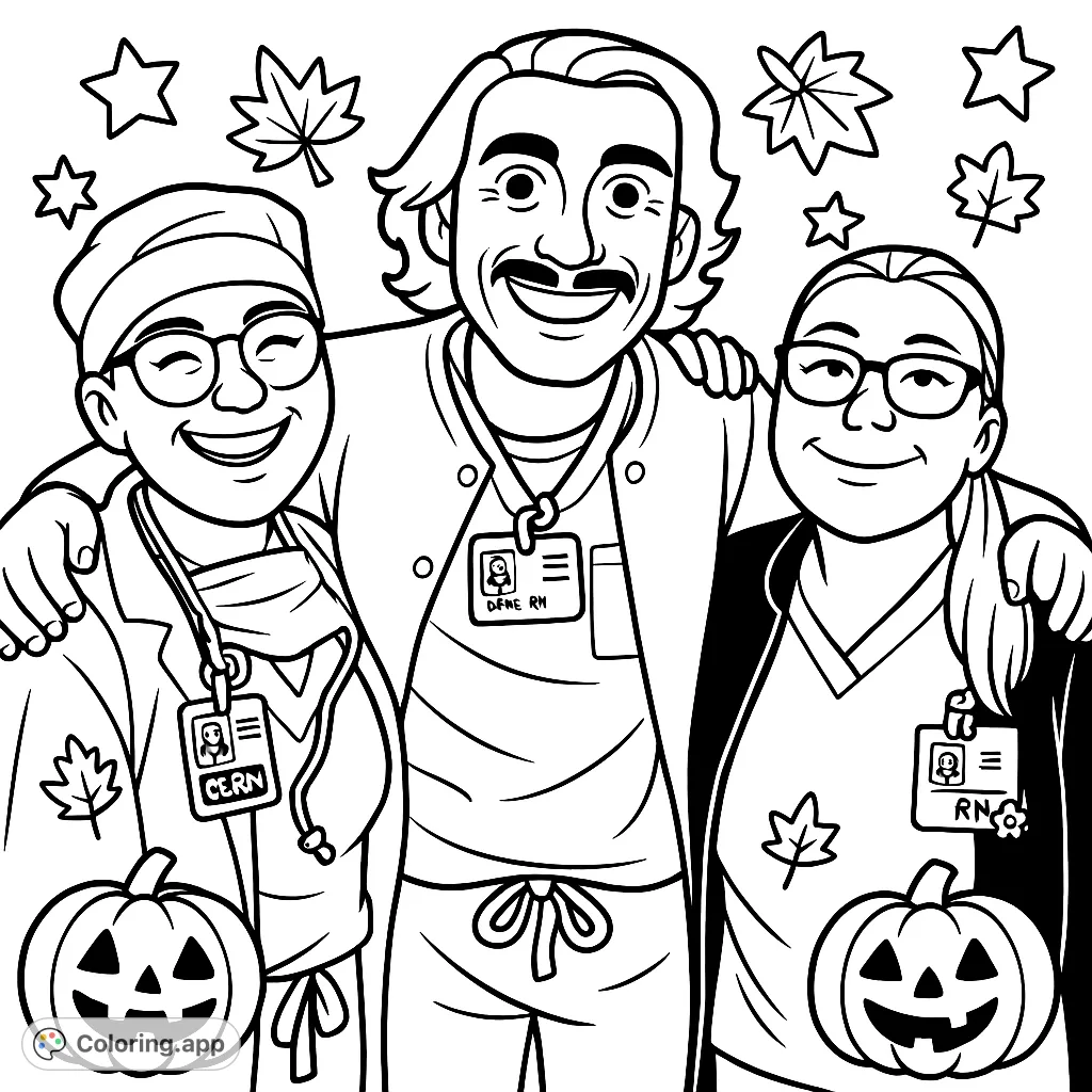 A heartwarming scene of three smiling healthcare professionals in scrubs, ready to be brought to life with your creative colors. Celebrate our heroes!