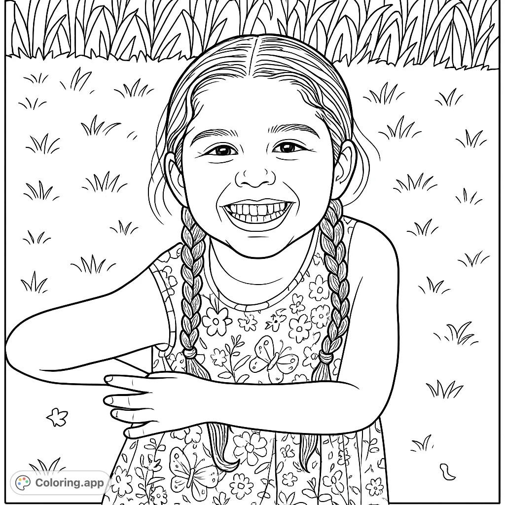 A delightful girl smiling broadly, featuring braided pigtails and a dress with charming floral and butterfly patterns, set in a cheerful outdoor scene.