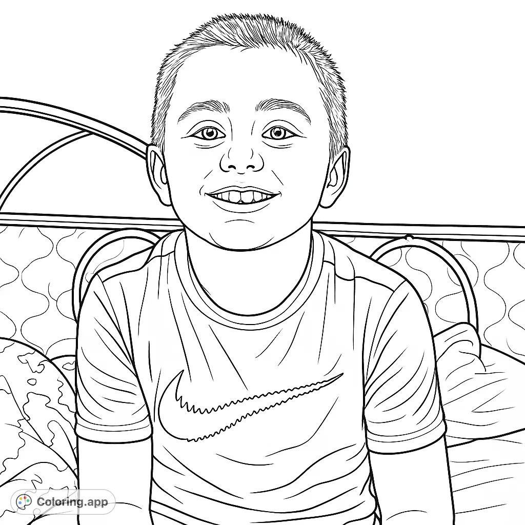 A cheerful boy with a big smile, wearing a t-shirt with an athletic logo, sitting on a bed. Perfect for personalizing and creative expression.