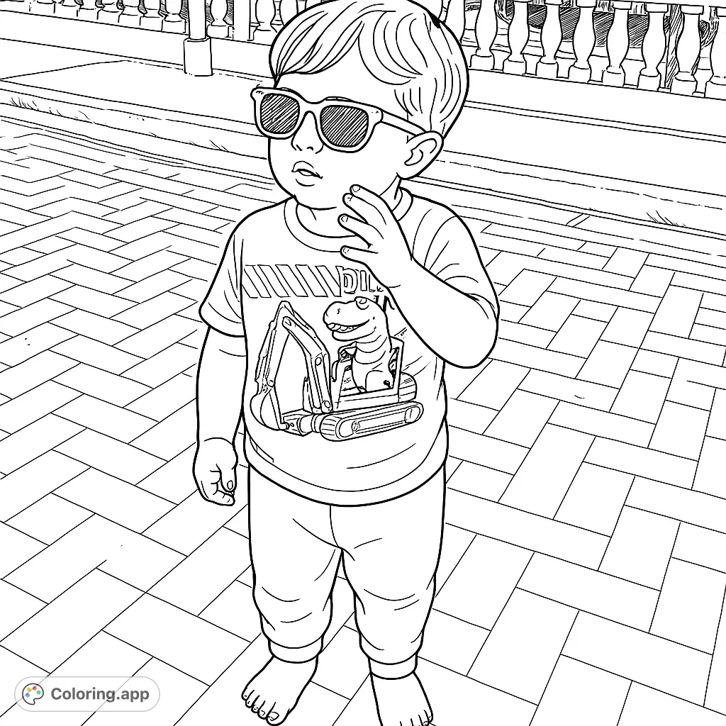 A cool toddler in sunglasses and a fun dinosaur excavator shirt stands on a patterned path, ready for adventure. Perfect for young artists!