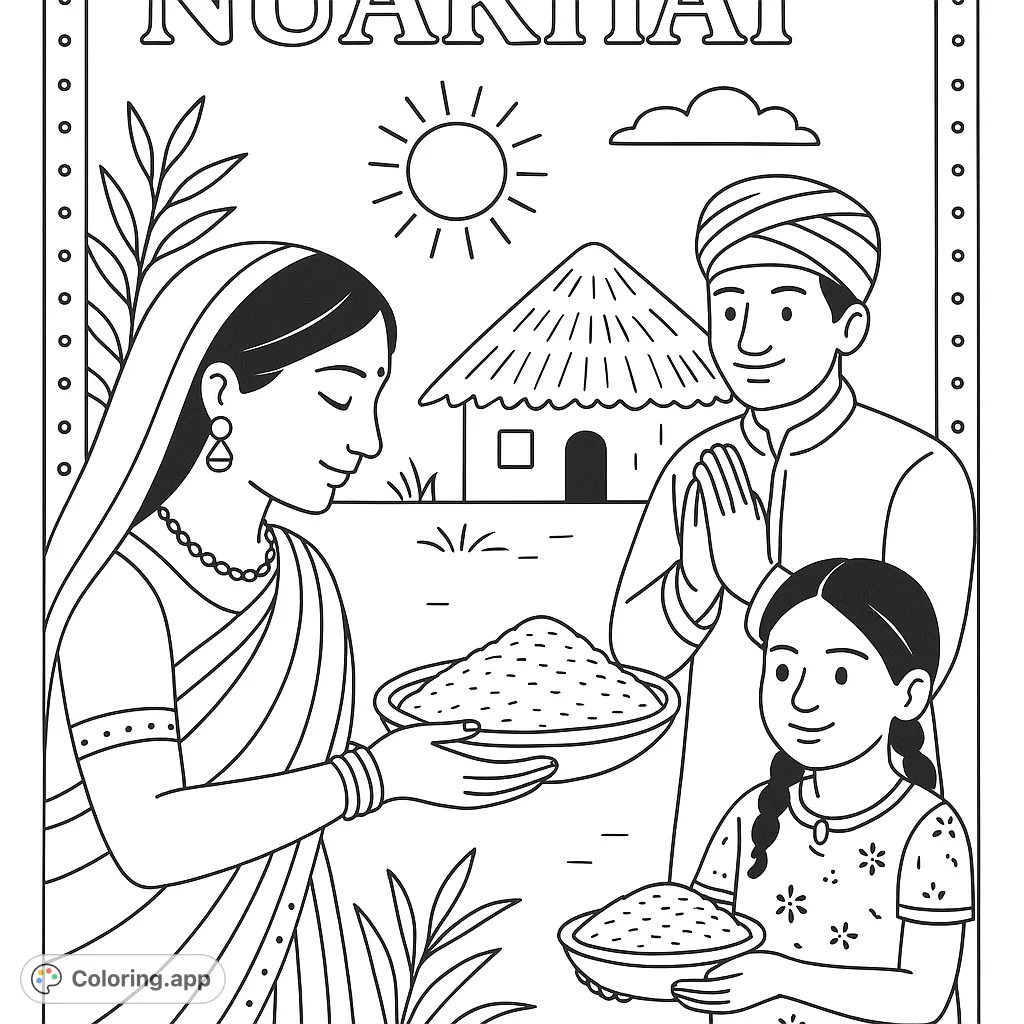Celebrate the Nuakhai harvest festival with this heartwarming family scene. Features traditional attire, grain offerings, and a rural setting.