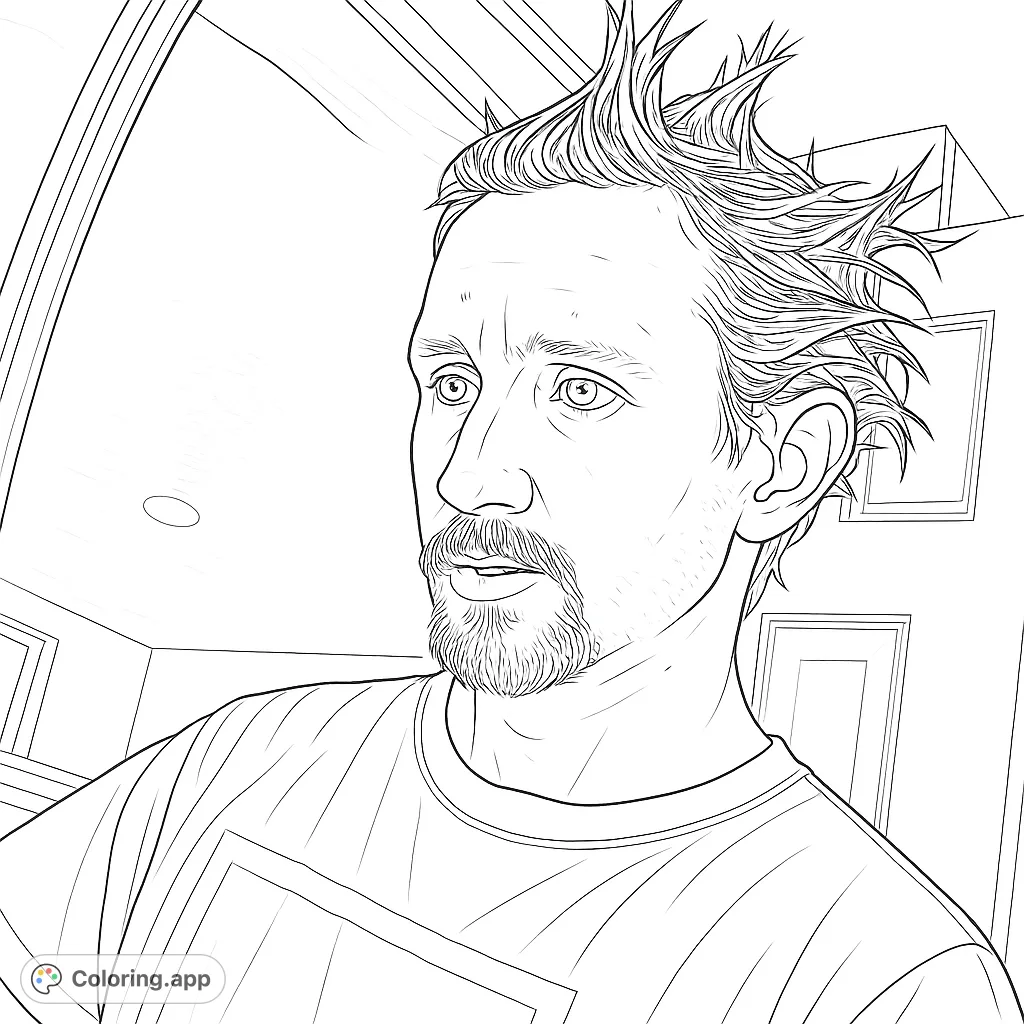 A man with a distinctive spiky hairstyle and goatee, captured in a moment of contemplation. Perfect for creative expression and realistic portrait coloring.