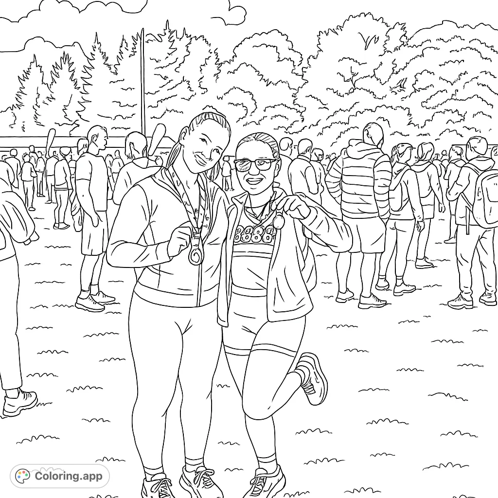 Celebrate friendship and achievement with this athletic scene featuring two smiling women after a race, surrounded by a lively outdoor event.