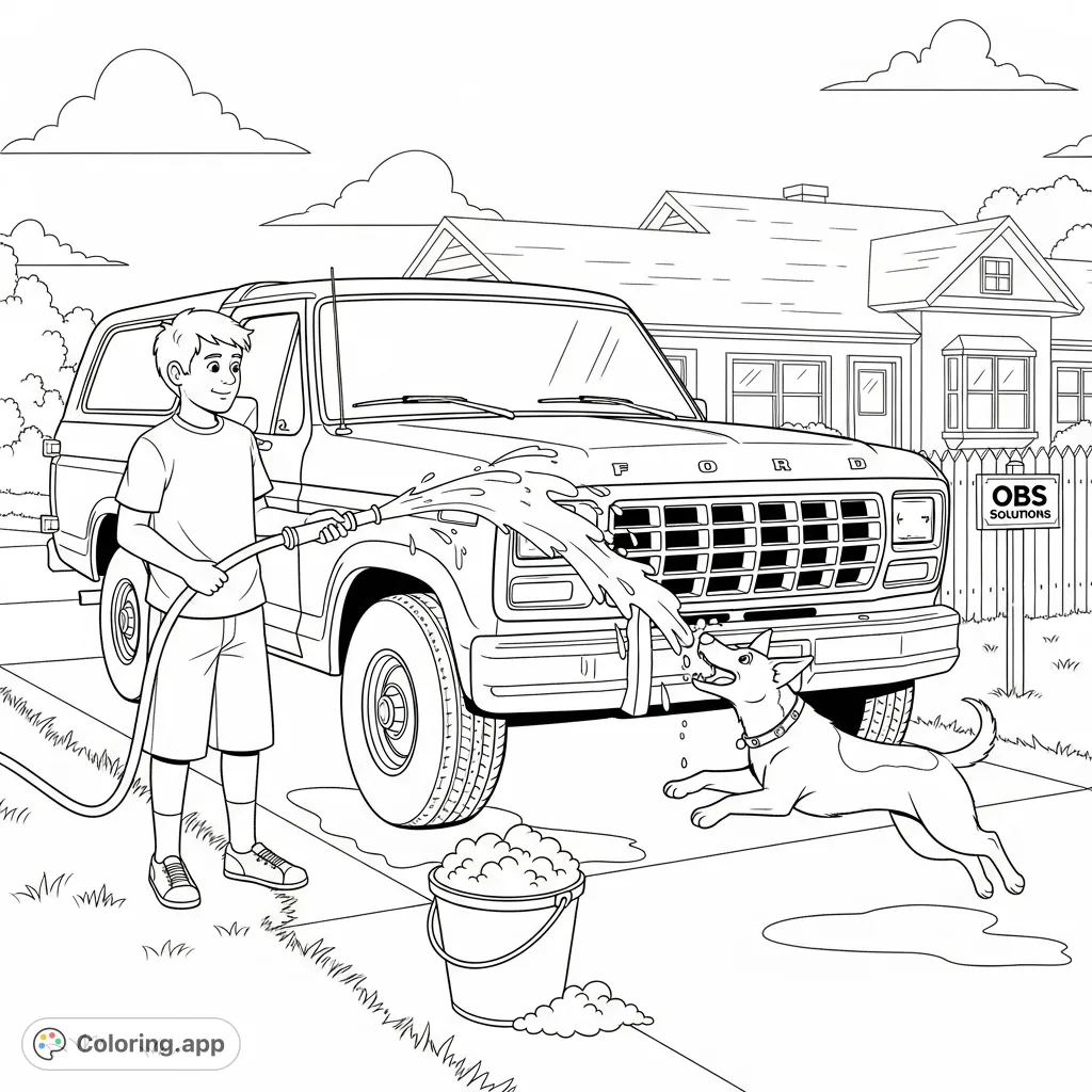 A fun, cartoony 1980 Ford Bronco car wash scene with a teen, a playful dog, and suds. Perfect for a free printable coloring page adventure!