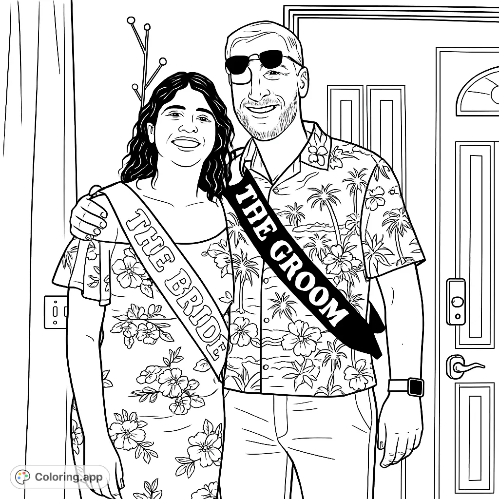 Celebrate love with this charming bride and groom coloring page! Features a happy couple in festive attire, perfect for pre-wedding fun and personalized gifts.
