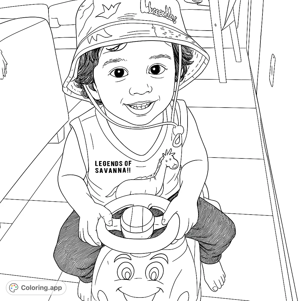 A delightful coloring page featuring a happy child on a toy car, wearing a patterned hat. Perfect for young artists to explore creativity and fun.