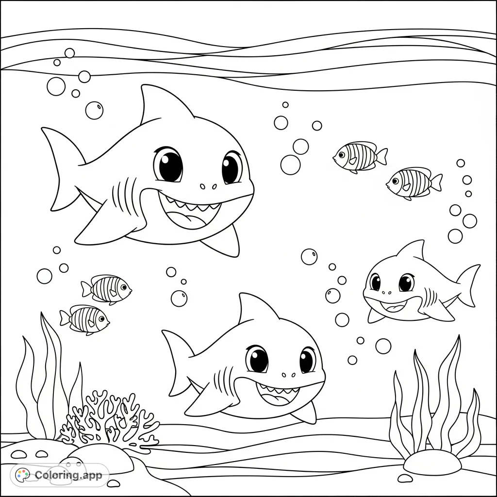Dive into an adorable underwater adventure with three happy, cartoon-style baby sharks, playful fish, and bubbly ocean details. A delightful free printable coloring page for kids!