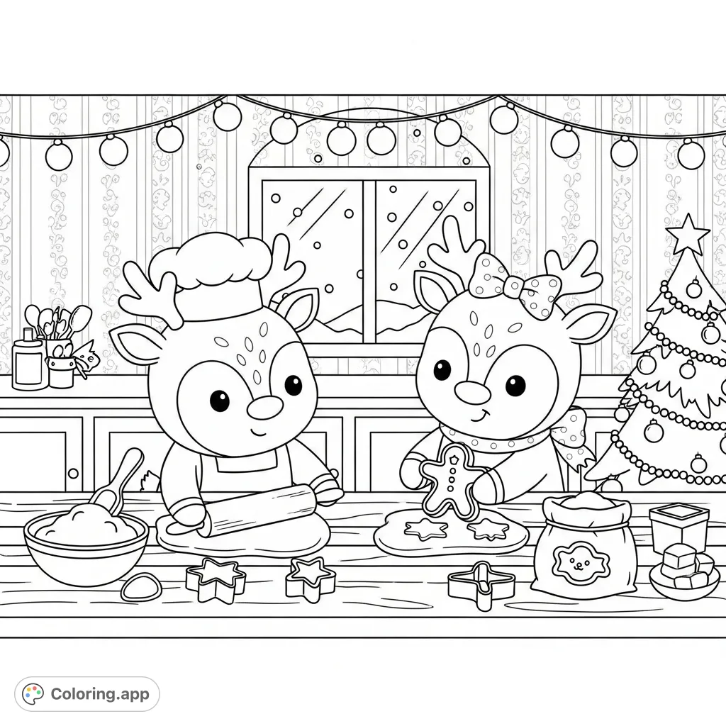 A delightful Kawaii Christmas kitchen scene featuring adorable reindeers baking gingerbread cookies. Perfect for festive coloring fun and holiday cheer!