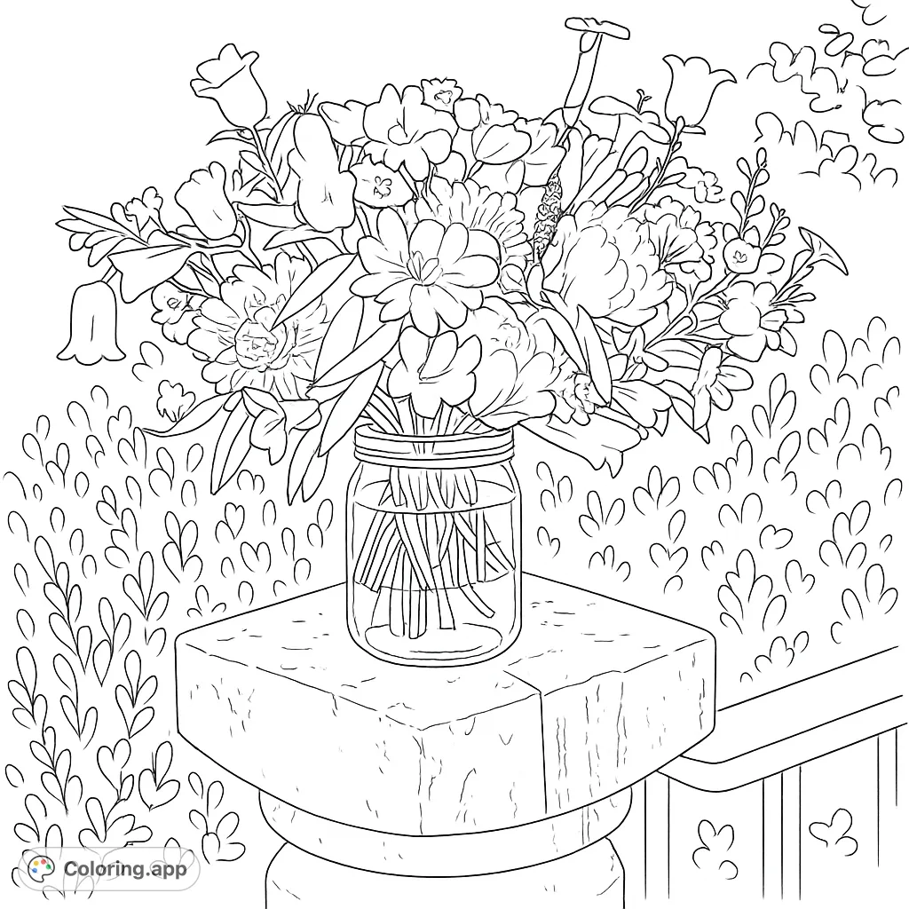 An abundant floral arrangement in a glass jar, featuring various blooms and foliage on a stone pedestal, set against a lush shrubbery background.