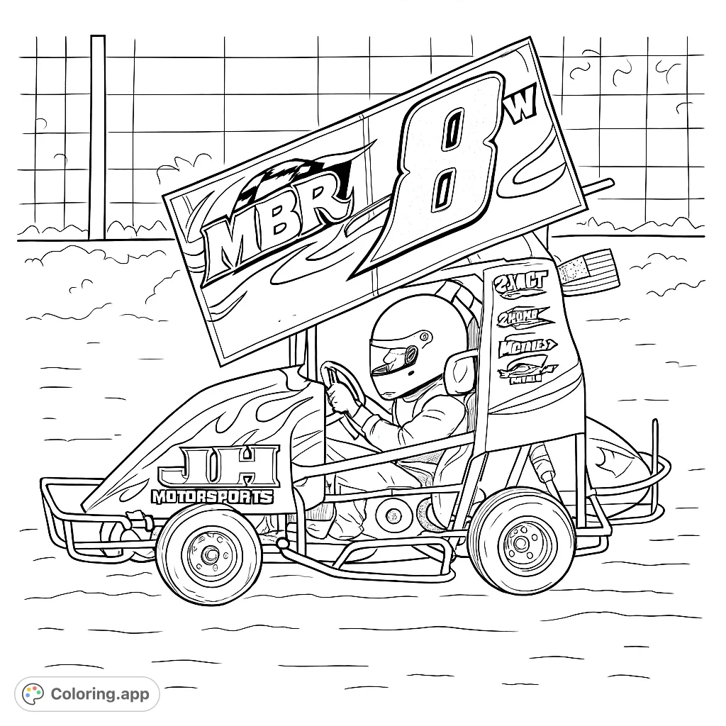 Experience the thrill of the track with this detailed sprint car coloring page, featuring a driver in a powerful racing machine on a dirt course.