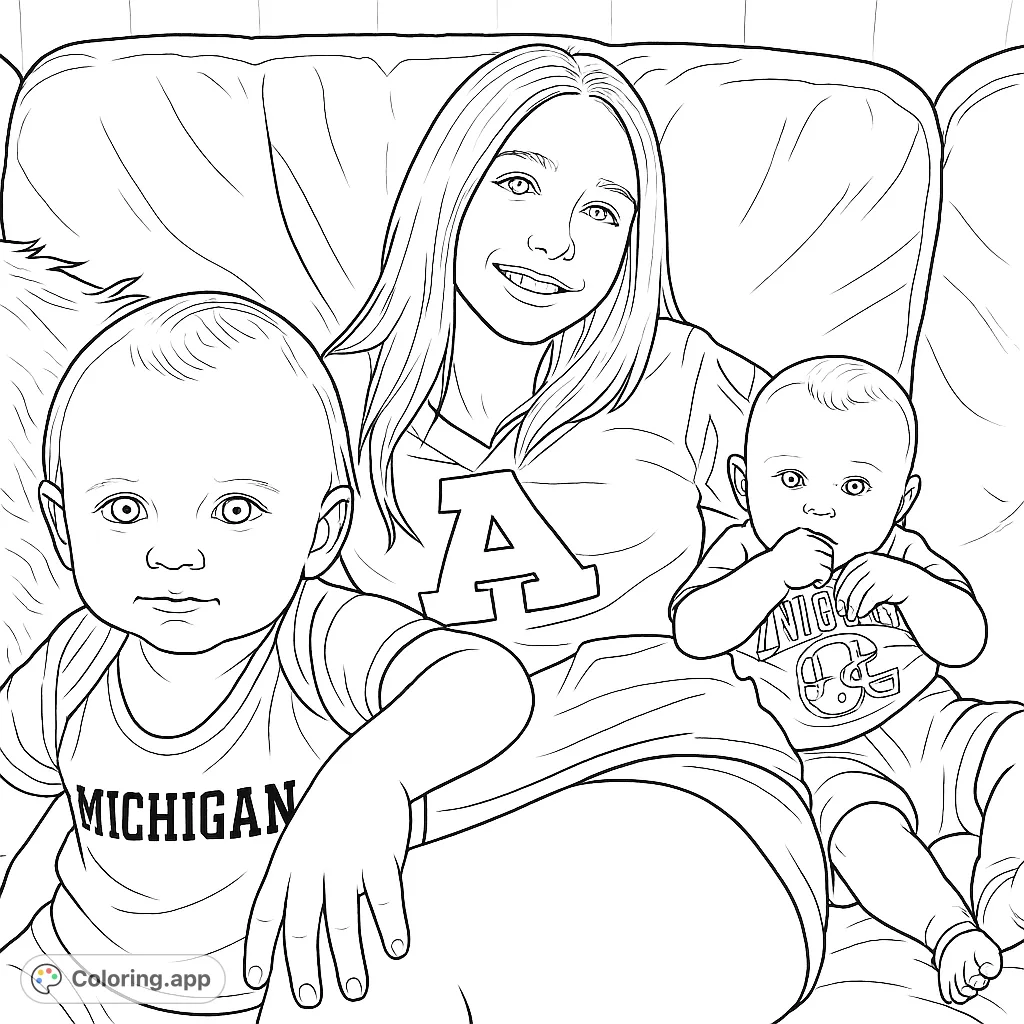 Capture a heartwarming family moment with a young woman and two babies on a cozy couch. This family bonding coloring page is perfect for all ages.