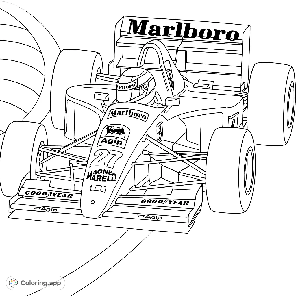 Experience the thrill of the race with this detailed open-wheel racing vehicle coloring page, featuring a driver on a track turn.
