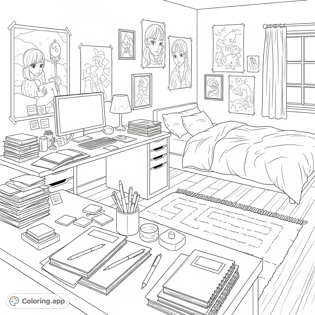 Step into a dream teen room! This detailed coloring page features a comfy bed, organized desk with a computer, and walls full of posters, perfect for personalization.