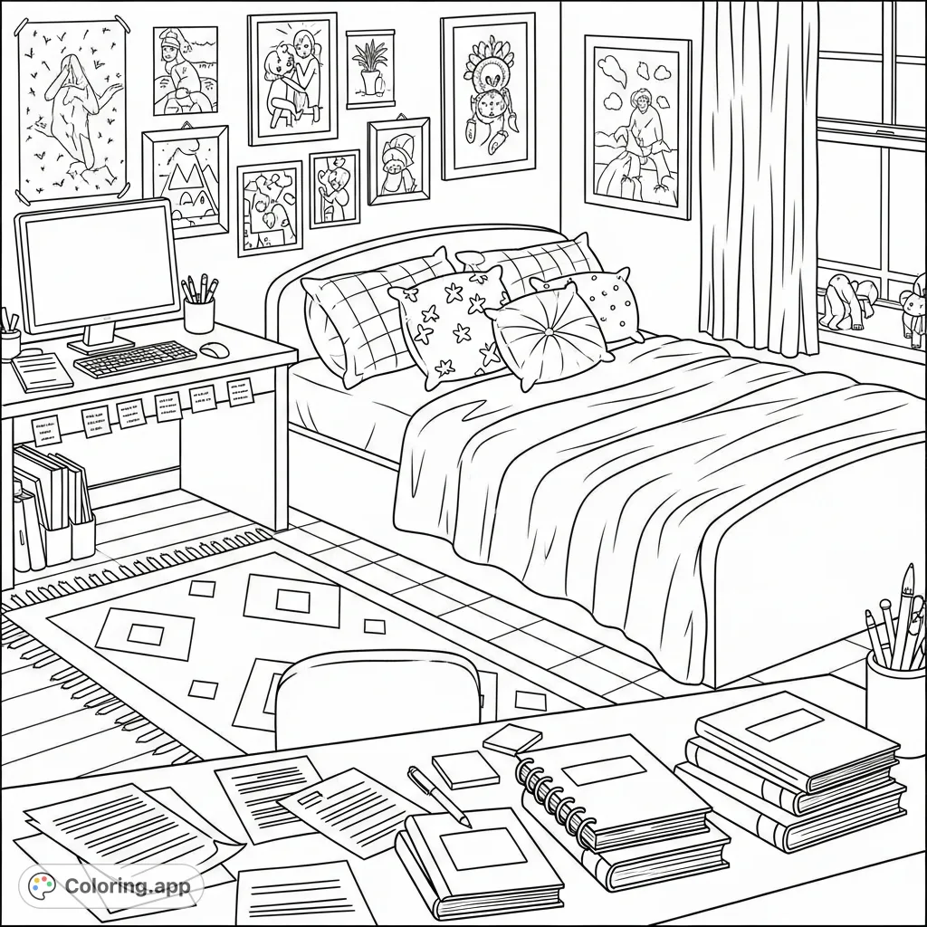 Explore a comfy teen girl's room with a detailed desk, plush bed, and wall decor. A charming free printable teen room coloring page awaits!