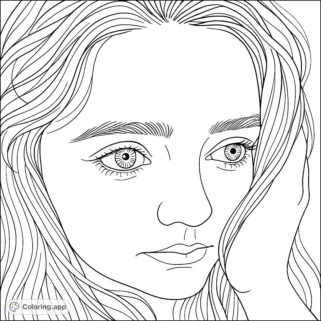 A serene portrait of a woman with flowing hair, captured in a thoughtful pose. Perfect for exploring shading and realistic skin tones.