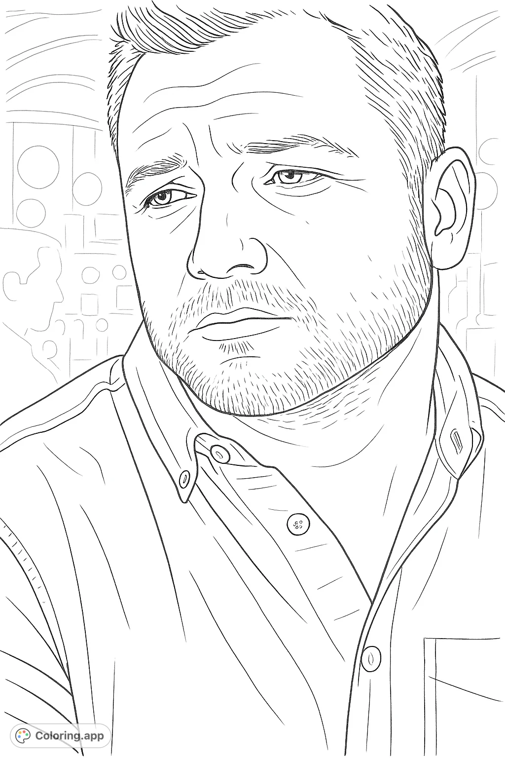 A detailed portrait of a man with a beard and collared shirt, featuring a thoughtful expression and a blurred background. Perfect for adult colorists.