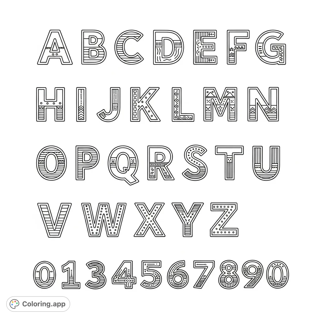 Explore a fun alphabet and numbers coloring page featuring all uppercase letters A-Z and numbers 0-10, perfect for learning and creative expression.