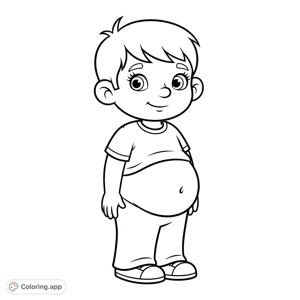 A charming boy with a big tummy, short hair, and a friendly expression, ready for a creative coloring adventure. Perfect for young artists and a delightful boy coloring page.