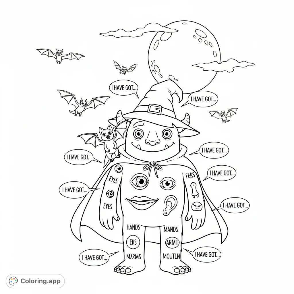 A friendly Halloween monster with a witch hat and cape, standing under a full moon, with body parts labeled for English learning. Perfect for kids!