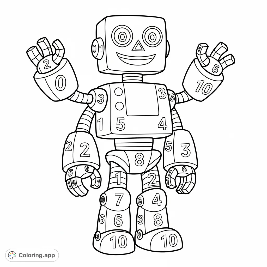 A cheerful, blocky robot with numbered sections for a fun color-by-number activity. Perfect for young children learning numbers and colors.
