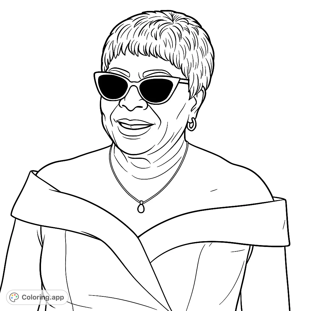 An elegant woman in an off-shoulder gown, wearing stylish sunglasses and a delicate necklace. A sophisticated portrait for a relaxing coloring experience.