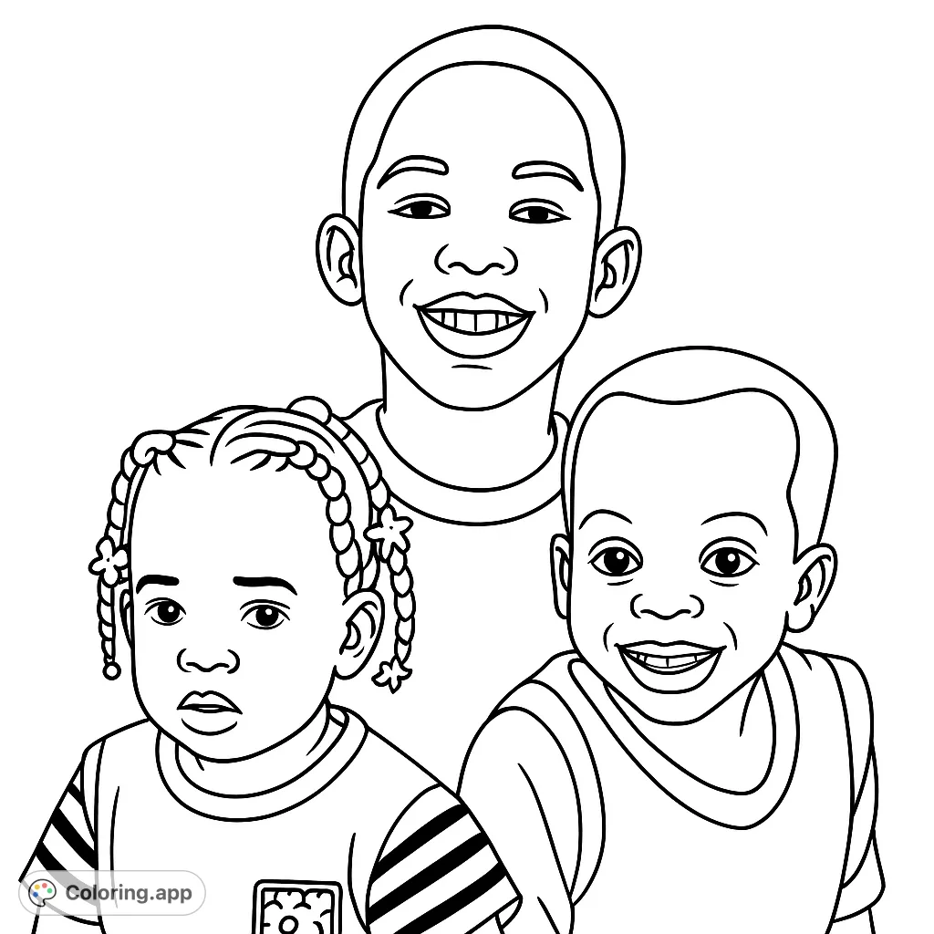 A heartwarming coloring page featuring three young children, two smiling and one with a curious expression, perfect for family-themed creative fun.